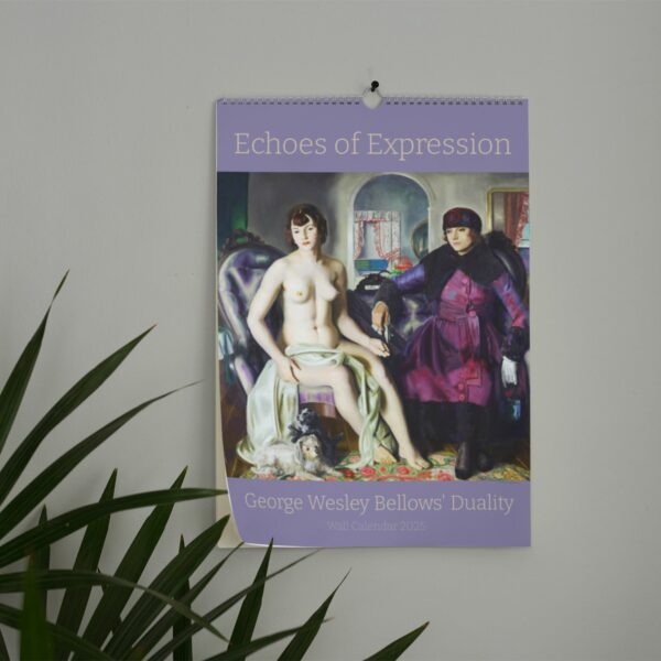 George Wesley Bellows' Wall Calendar Cover featuring 'Echoes of Expression' with contrasting figures and a pet dog, perfect for art enthusiasts and collectors.