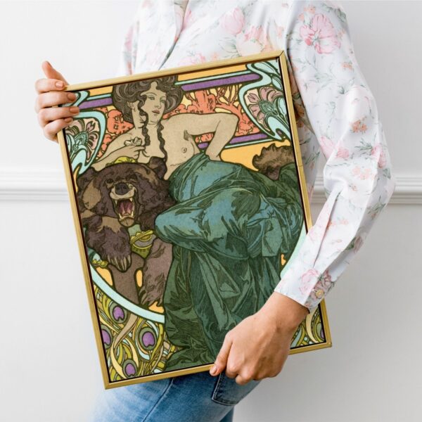 Art Nouveau poster by Alphonse Mucha from 1897, depicting a woman with flowing hair, elaborate floral motifs, and intricate patterns with a bold bear figure.