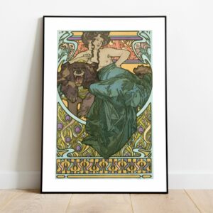 Art Nouveau poster by Alphonse Mucha from 1897, depicting a woman with flowing hair, elaborate floral motifs, and intricate patterns with a bold bear figure.
