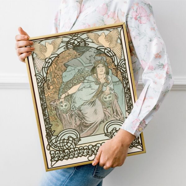 Mucha art piece with a regal woman holding a fan, flanked by doves and ornate Celtic-style borders.