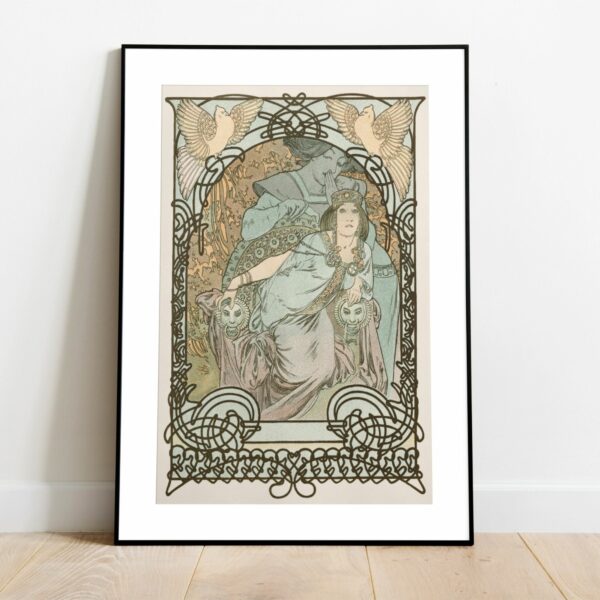 Mucha art piece with a regal woman holding a fan, flanked by doves and ornate Celtic-style borders.