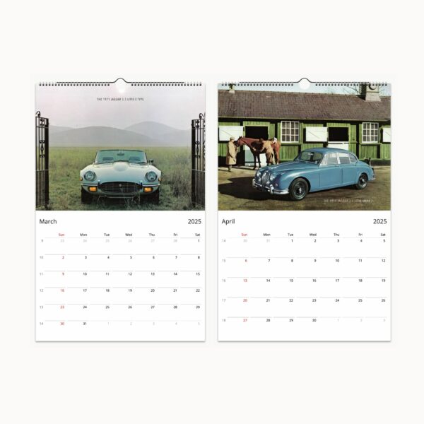 Vintage silver Jaguar E-Type convertible on a tranquil field with 'GRACE, SPACE, PACE - A Journey Through 2025' calendar cover text, embodying classic British car elegance and timeless design.