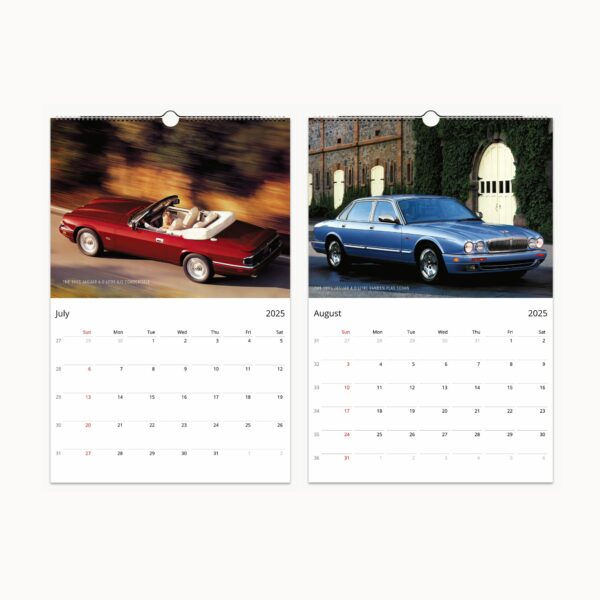Vintage silver Jaguar E-Type convertible on a tranquil field with 'GRACE, SPACE, PACE - A Journey Through 2025' calendar cover text, embodying classic British car elegance and timeless design.