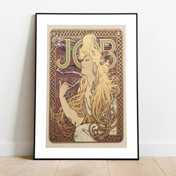 Mucha's iconic 'JOB' poster with a woman exhaling smoke, featuring golden hair and Art Nouveau typography.