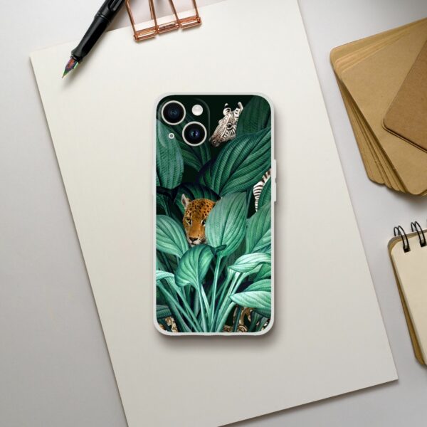 Transparent phone case with a hidden leopard and zebra in a dense jungle foliage design, creating a sense of mystery and adventure for wildlife and nature lovers on a textured grey backdrop