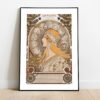 Art Nouveau 'La Plume' poster by Alphonse Mucha featuring a woman's profile with elaborate headdress and zodiac signs, embodying literary and artistic elegance.