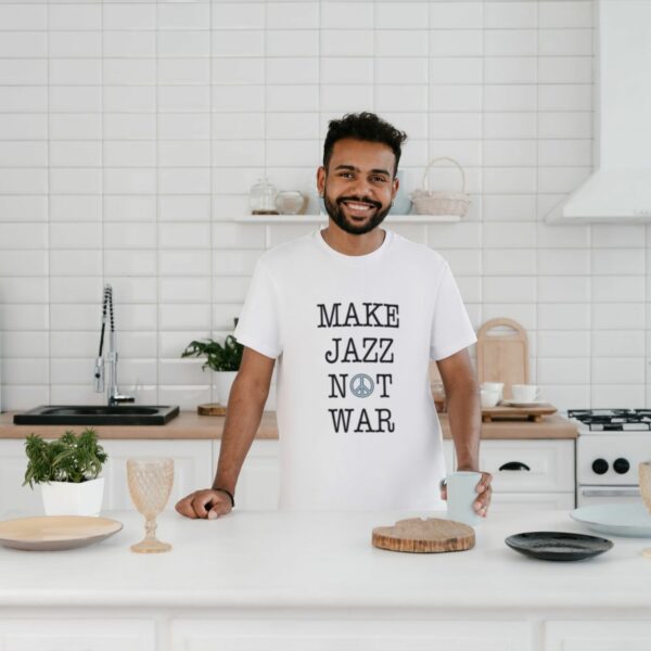 T-shirt with 'Make Jazz Not War' slogan, featuring a peace sign, symbolizing the harmony and cultural impact of jazz music as an agent for change.