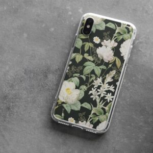 Chic transparent phone case with a midnight floral pattern featuring white and pink flowers on a dark background, ideal for stylish smartphone protection and elegance