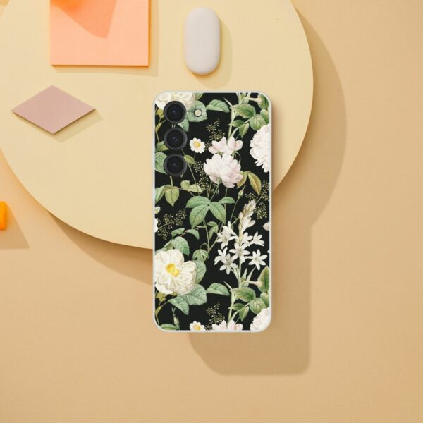 Chic transparent phone case with a midnight floral pattern featuring white and pink flowers on a dark background, ideal for stylish smartphone protection and elegance