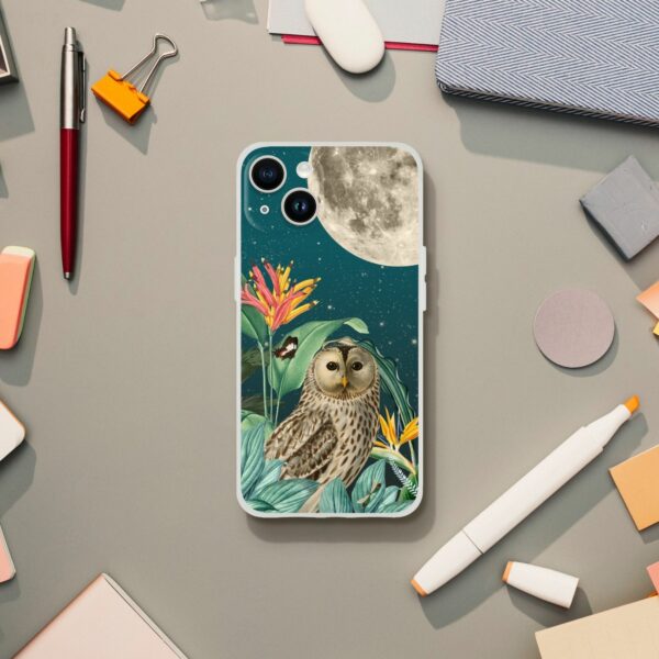 Protective phone case featuring a nocturnal owl in a lush midnight garden under a full moon, perfect for nature enthusiasts who appreciate detailed wildlife illustrations on a grey background