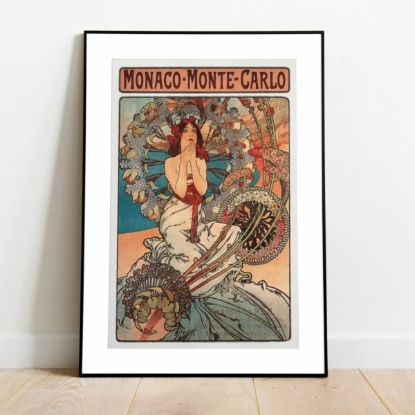 Mucha's Monaco-Monte Carlo poster with a woman in red, surrounded by intricate floral designs and birds, epitomizing luxury travel.