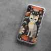 Phone case with a captivating design of a cat surrounded by a Mary Blair-inspired floral pattern, set against a dark backdrop, perfect for adding a touch of mid-century modern art to your device.