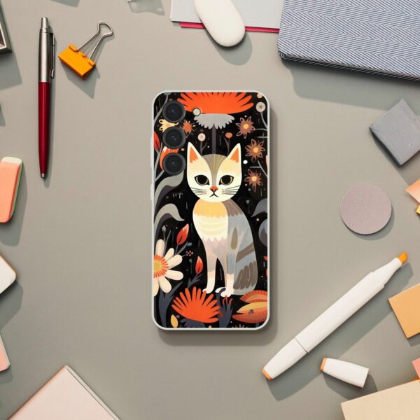 Phone case with a captivating design of a cat surrounded by a Mary Blair-inspired floral pattern, set against a dark backdrop, perfect for adding a touch of mid-century modern art to your device.