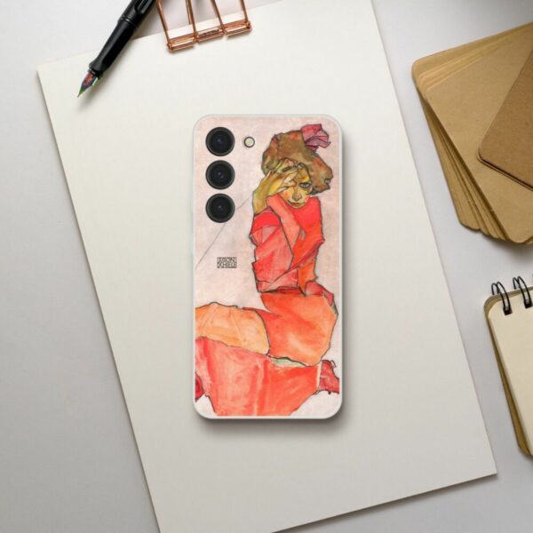 Egon Schiele inspired phone case featuring a striking portrait of a woman in red, blending iconic art nouveau style with contemporary phone protection, perfect for those who admire early 20th-century expressionist art.