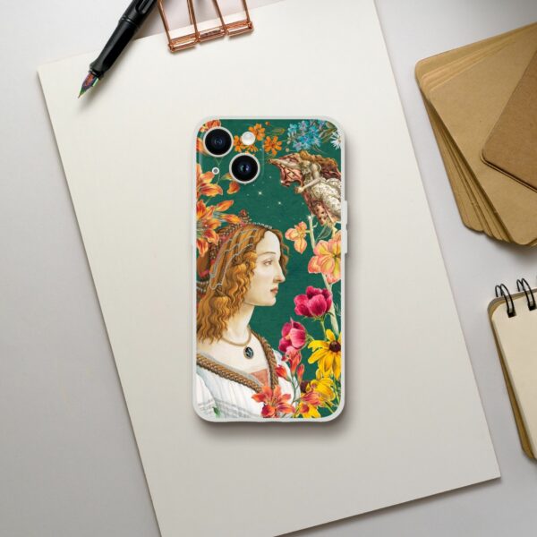 Renaissance-inspired phone case with a classic portrait and vibrant floral pattern, blending historical art with modern smartphone protection on a grey backdrop
