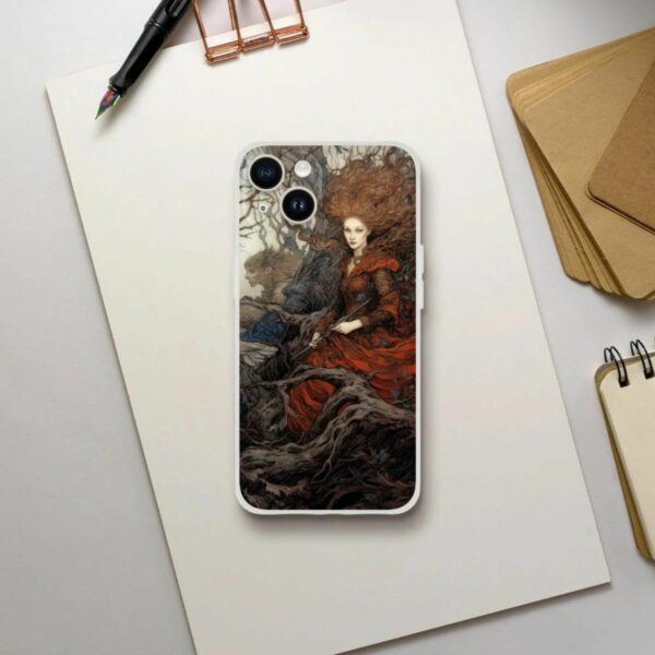 Fantasy themed phone case featuring intricate Arthur Rackham style artwork of a majestic woman with flowing hair entwined in roots and woodland creatures, ideal for enhancing smartphone aesthetics with a touch of classic artistry.