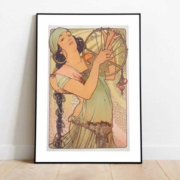 Vintage Mucha illustration of a lady with a fan, showcasing Art Nouveau style, intricate patterns, and soft colors.