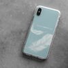 Clear phone case with white feather design and inspirational quote on a gray background for smartphone protection and style