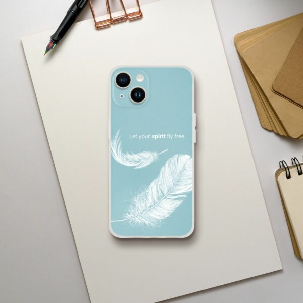 Clear phone case with white feather design and inspirational quote on a gray background for smartphone protection and style