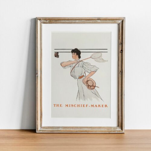 Edward Penfield art nouveau poster depicting a whimsical woman with a net, titled The Mischief-Maker, perfect for vintage print collectors and retro wall art enthusiasts.