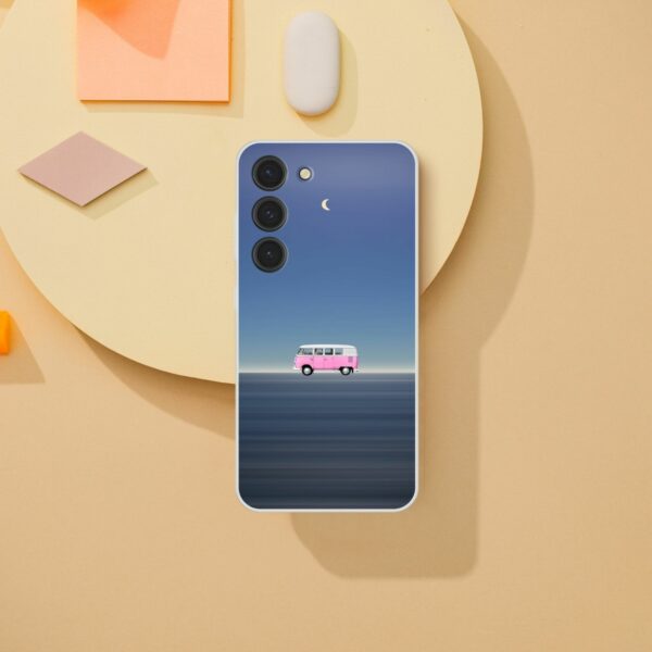 Phone case with a minimalist design of a pink van traveling under a twilight sky with a crescent moon, evoking a sense of adventure and calm on a grey textured background