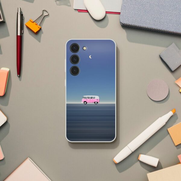 Phone case with a minimalist design of a pink van traveling under a twilight sky with a crescent moon, evoking a sense of adventure and calm on a grey textured background