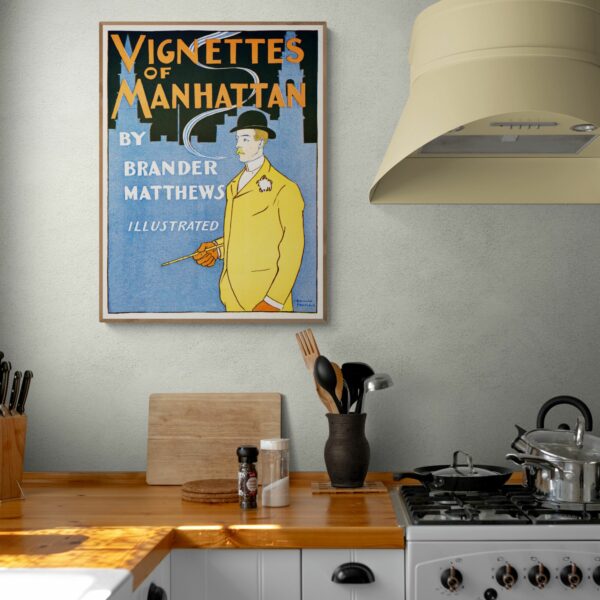 Vintage 1900s Vignettes of Manhattan illustration by Brander Matthews, Art Nouveau style print by Edward Penfield, perfect for art collectors and retro wall art enthusiasts.