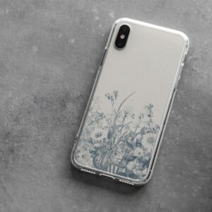 Elegant transparent phone case with delicate monochrome floral sketch design for stylish smartphone protection on a gray background
