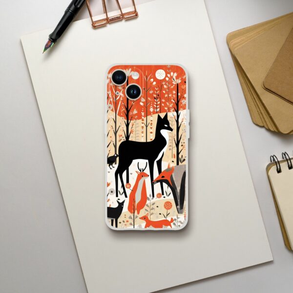 Protective phone case with a Mary Blair-inspired woodland scene featuring stylized deer and foxes amongst autumnal trees, capturing the whimsy and charm of her iconic design style.