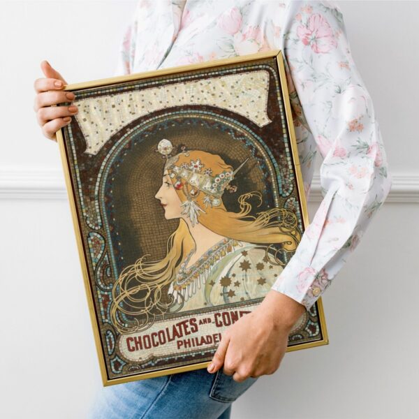 Vintage Alphonse Mucha advertising poster for chocolates and confections, featuring a profile of a regal woman with ornate headdress against a mosaic background.