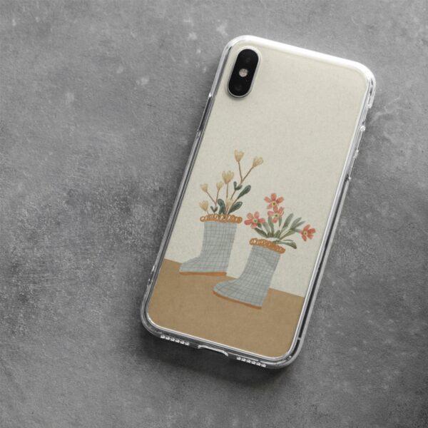 Charming phone case design with illustrated rain boots and spring flowers, perfect for adding a touch of whimsy and protection to smartphones, set against a craft paper-like background