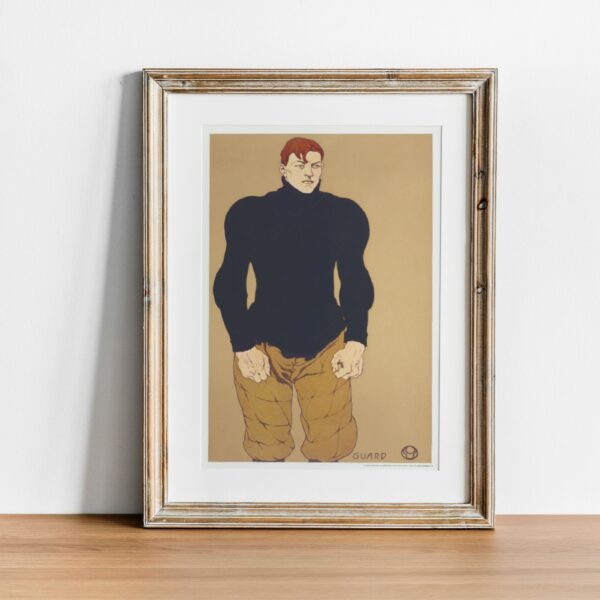 Edward Penfield illustration of a football player titled Guard, featuring a muscular athlete in vintage sports attire, perfect for historical sports art collectors.
