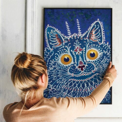 Vibrant Louis Wain inspired cat painting with hypnotic golden eyes, ornate white lace patterns, and vivid red and blue accents on a dark blue background, ideal for art enthusiasts and cat lovers