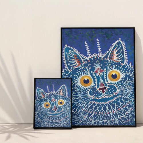 Vibrant Louis Wain inspired cat painting with hypnotic golden eyes, ornate white lace patterns, and vivid red and blue accents on a dark blue background, ideal for art enthusiasts and cat lovers