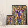 Psychedelic Louis Wain style cat illustration with a kaleidoscope of colors, intricate tribal patterns, and a captivating symmetrical design, perfect for vintage art collectors and feline aficionados.