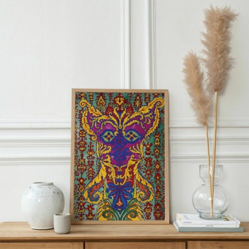 Psychedelic Louis Wain style cat illustration with a kaleidoscope of colors, intricate tribal patterns, and a captivating symmetrical design, perfect for vintage art collectors and feline aficionados.