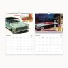 Wall Calendar featuring a vintage British Triumph car on a sandy beach with a sunbathing woman, symbolizing the dual charm of show and performance.