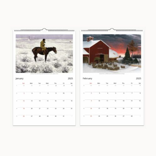 Country Life wall calendar showcasing a vintage painting of a woman in a flowing red cloak, striding through a windswept field, clutching a basket and a book. The text on the calendar promotes the rediscovery of America's pastoral elegance in 2025, evoking a sense of timeless rural beauty.