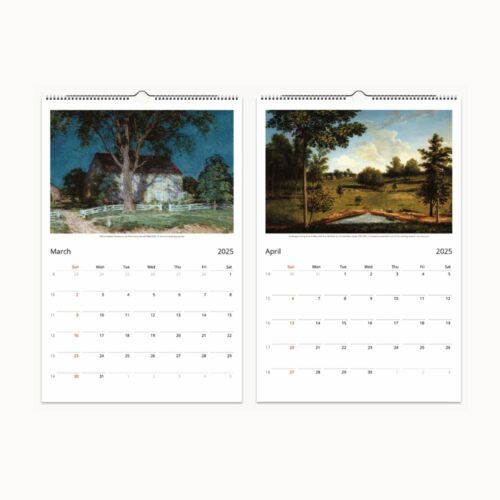Country Life wall calendar showcasing a vintage painting of a woman in a flowing red cloak, striding through a windswept field, clutching a basket and a book. The text on the calendar promotes the rediscovery of America's pastoral elegance in 2025, evoking a sense of timeless rural beauty.