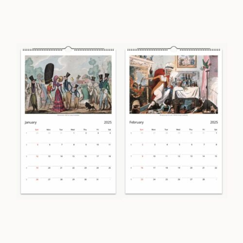 January and February pages of LIBERTY LAUGHTER 2025 calendar showcasing vibrant Georgian-era social scenes in satirical Cruikshank style.