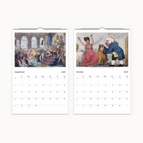 September and October from LIBERTY LAUGHTER 2025 calendar illustrate regal satire and a domestic squabble in Cruikshank's humorous style.