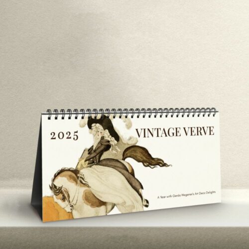 2025 desk calendar titled VINTAGE VERVE showcasing Gerda Wegeners Art Deco art with a stylized woman on a horse, embodying the 1920s elegance and dynamism.