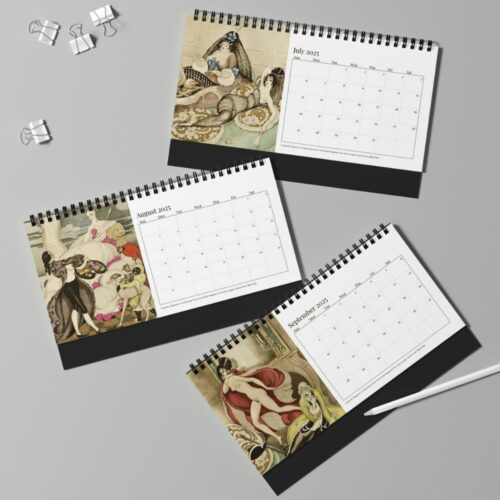 2025 desk calendar titled VINTAGE VERVE showcasing Gerda Wegeners Art Deco art with a stylized woman on a horse, embodying the 1920s elegance and dynamism.