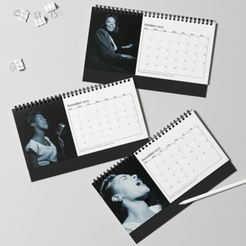 Desk calendar pages spread out, each featuring a black-and-white photo of legendary jazz artists in performance, capturing the essence of the Golden Age of Jazz against monthly calendar grids.