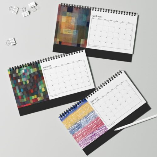 2025 edition Paul Klee collection desk calendar displayed upright, featuring abstract geometric artwork with cool blue and purple tones and a contrasting warm orange circle.