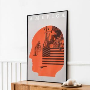 Retro poster silhouette profile filled with American symbols like flag and landmarks, titled AMERICA, in warm orange tones.