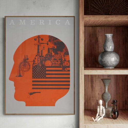 Retro poster silhouette profile filled with American symbols like flag and landmarks, titled AMERICA, in warm orange tones.