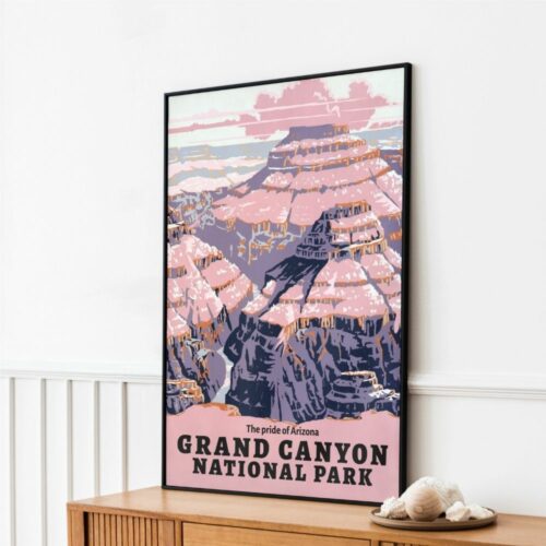 Retro Travel Poster depicting Grand Canyon National Park in pastel hues, titled "The pride of Arizona," capturing its majestic beauty.