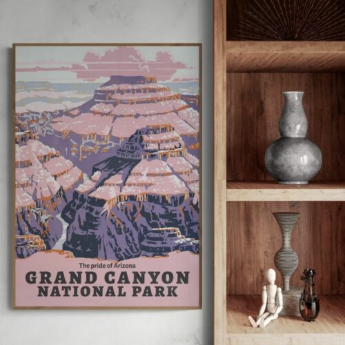 Retro Travel Poster depicting Grand Canyon National Park in pastel hues, titled "The pride of Arizona," capturing its majestic beauty.