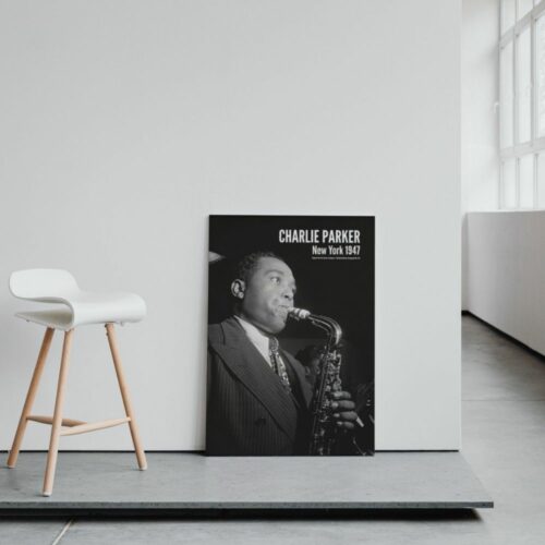 Poster of Charlie Parker playing the saxophone, perfect for vintage music decor and jazz enthusiasts.